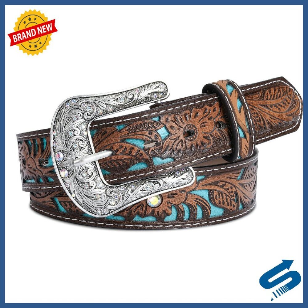 Western Belt with Carved Buckle, PU Leather, 9 Holes, Unisex
